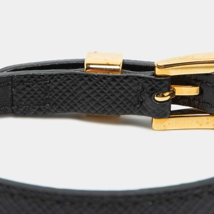 Pre Owned Prada Black Saffiano Leather Logo Tag Wrap Bracelet 