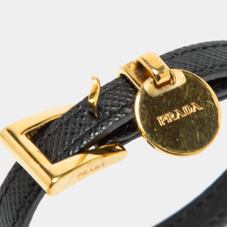 Pre Owned Prada Black Saffiano Leather Logo Tag Wrap Bracelet 