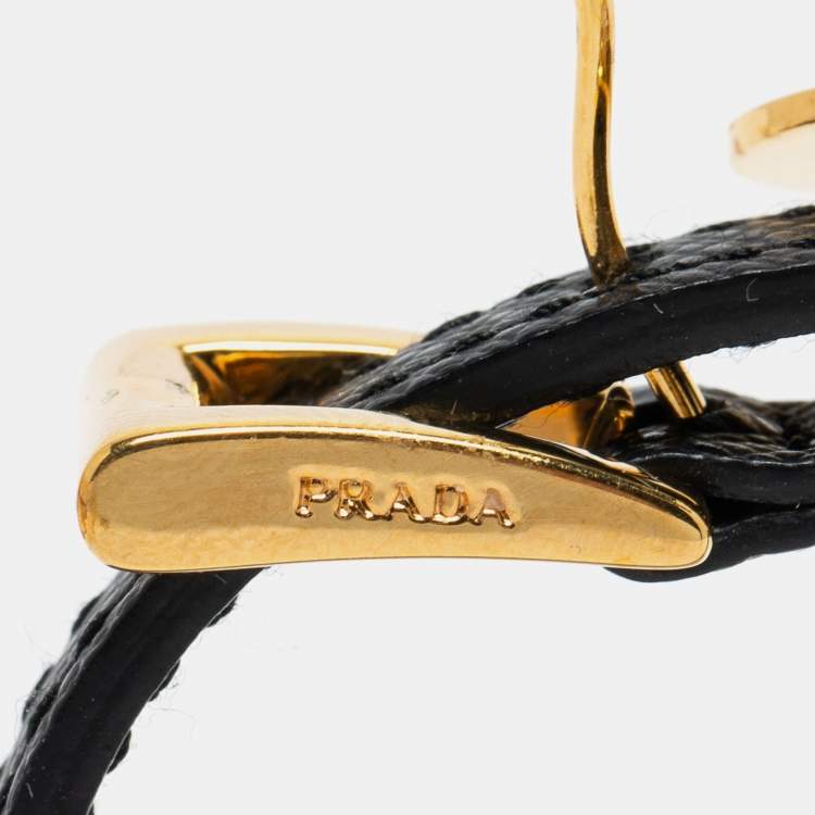 Pre Owned Prada Black Saffiano Leather Logo Tag Wrap Bracelet 