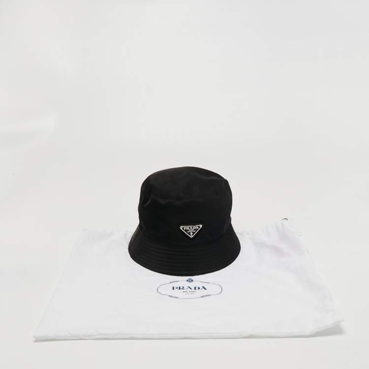 Pre Owned Prada Black Re-Nylon Logo Plaque Bucket Hat L