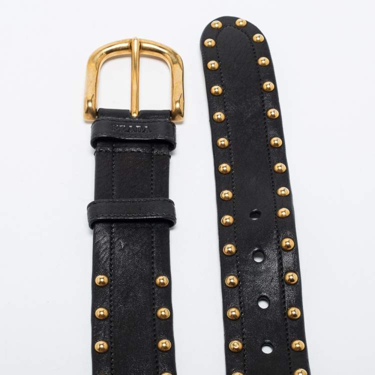 Pre Owned Prada Black Studded Leather Buckle Belt 85CM