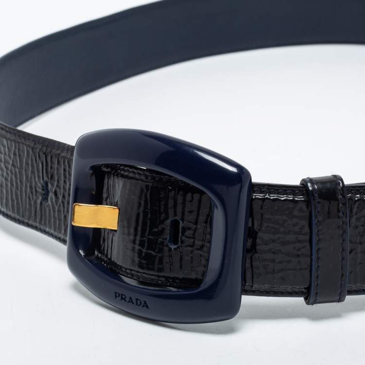 Pre Owned Prada Navy Blue Patent Leather Buckle Belt 85CM