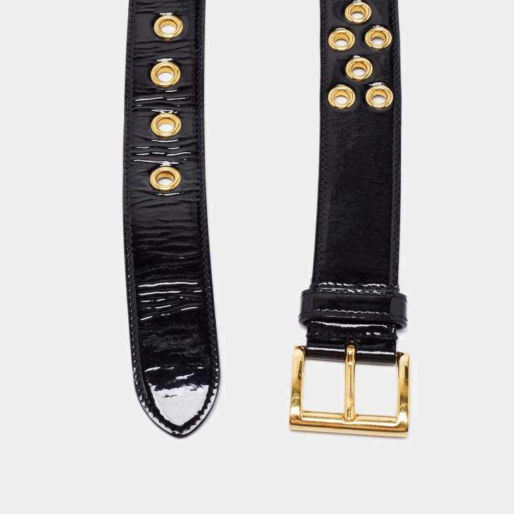Pre Owned Prada Black Eyelet Patent Leather Buckle Belt 80CM