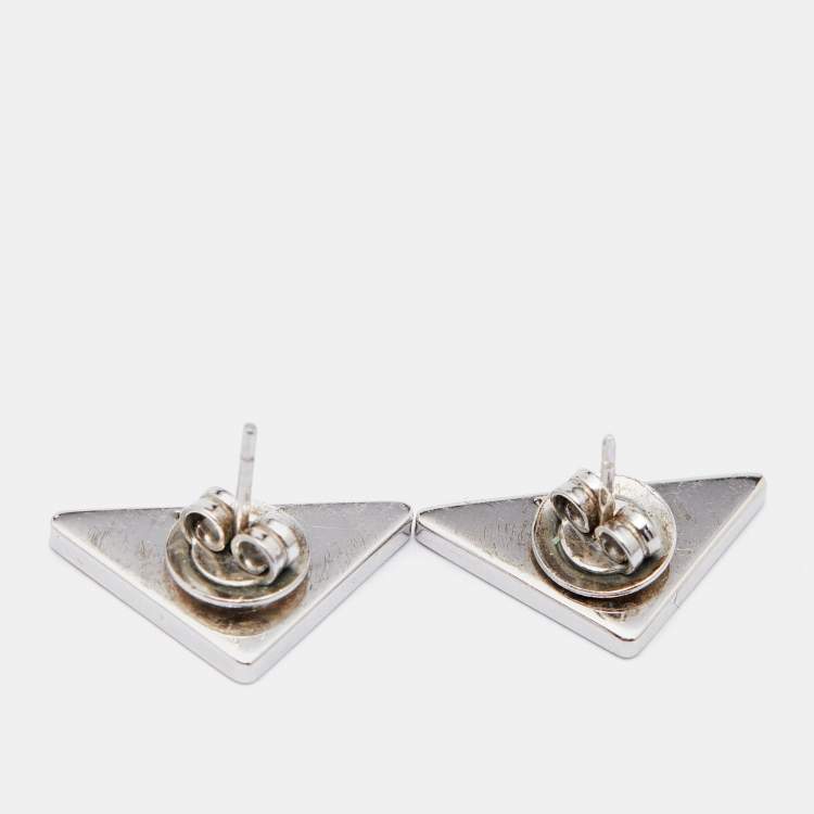 Pre Owned Prada Silver Logo Enamel Triangle Symbole Stud Earrings