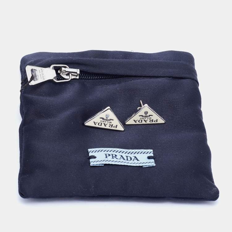Pre Owned Prada Silver Logo Enamel Triangle Symbole Stud Earrings
