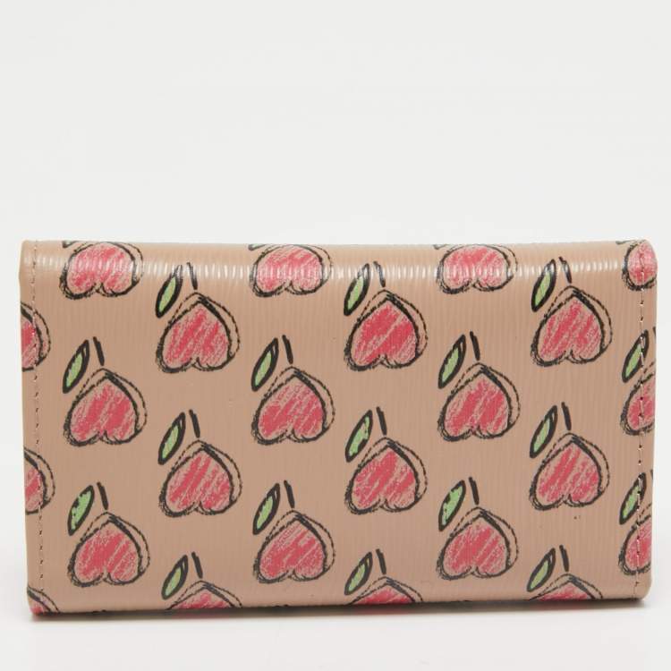 Pre Owned Prada Beige/Multicolor Heart Print Leather 6 Key Holder Case
