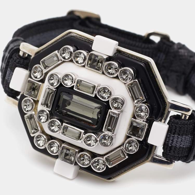 Pre Owned Prada Black Crystal Resin Enamel Embellished Silver Tone Adjustable Cord Bracelet