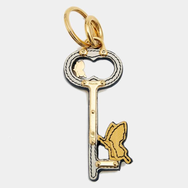 Pre Owned Prada Gold Tone Butterfly Key Leather Keychain