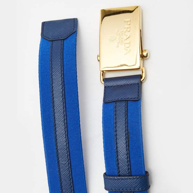 Pre Owned Prada Two Tone Blue Elastic Fabric and Saffiano Leather Buckle Belt Size 85CM