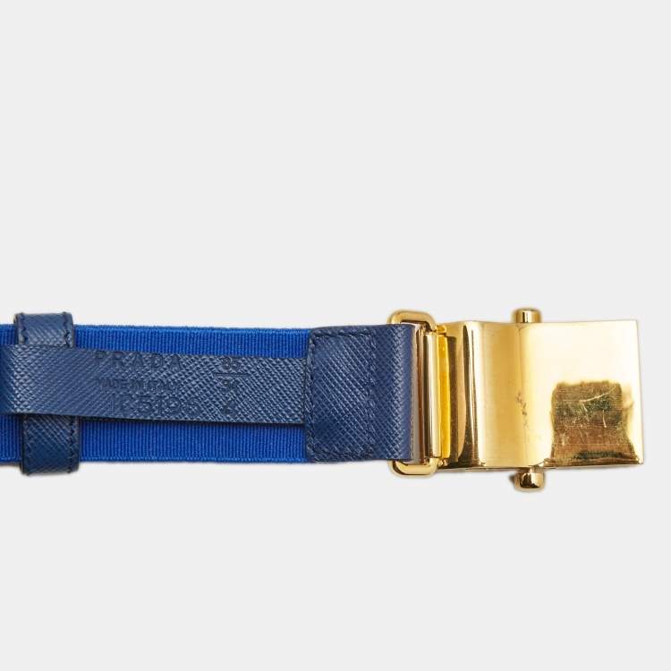 Pre Owned Prada Two Tone Blue Elastic Fabric and Saffiano Leather Buckle Belt Size 85CM