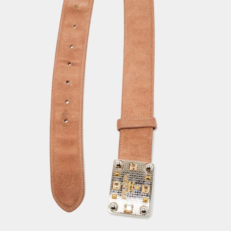 مملوكة مسبقًا Prada Light Pink Suede Logo Plague Crystals Buckle Belt 85CM