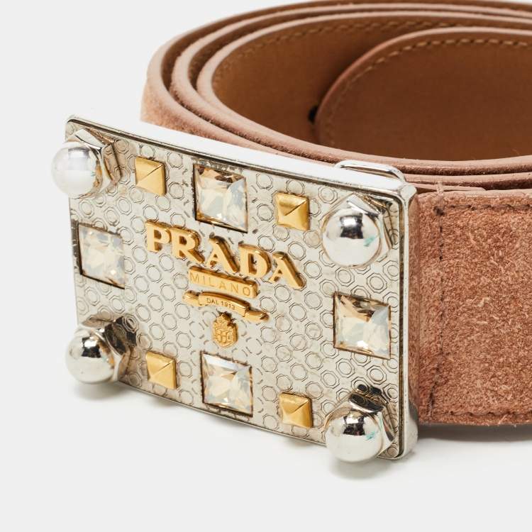 مملوكة مسبقًا Prada Light Pink Suede Logo Plague Crystals Buckle Belt 85CM