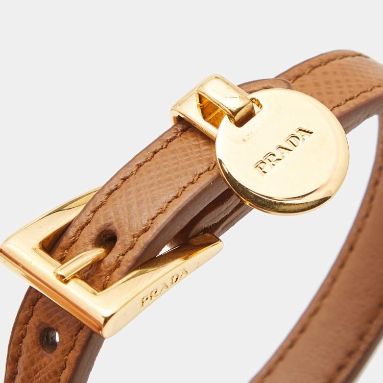 Pre Owned Prada Saffiano Leather Gold Tone Bracelet
