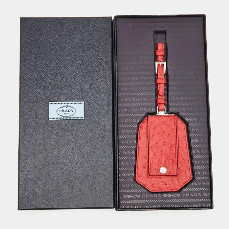 Pre Owned Prada Red Ostrich Leather Luggage Name Tag