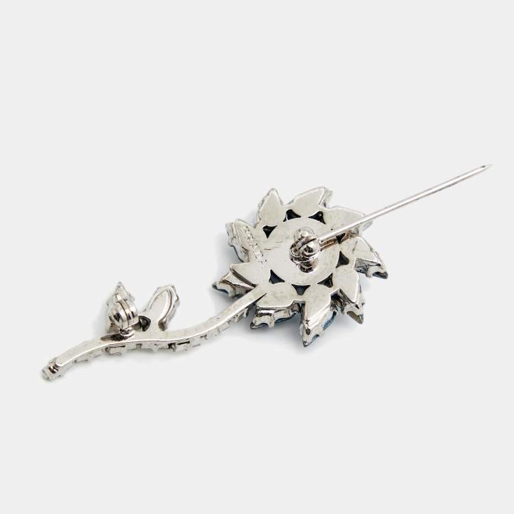 Pre Owned Prada Flower Crystal SIlver Tone Brooch