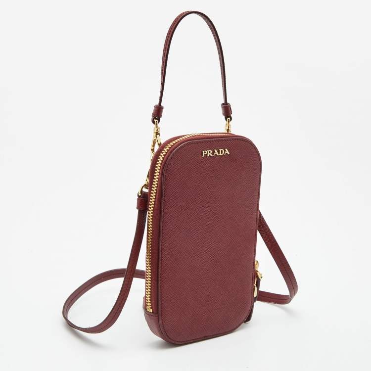 Pre Owned Prada Red Saffiano Leather Phone Case Crossbody Bag