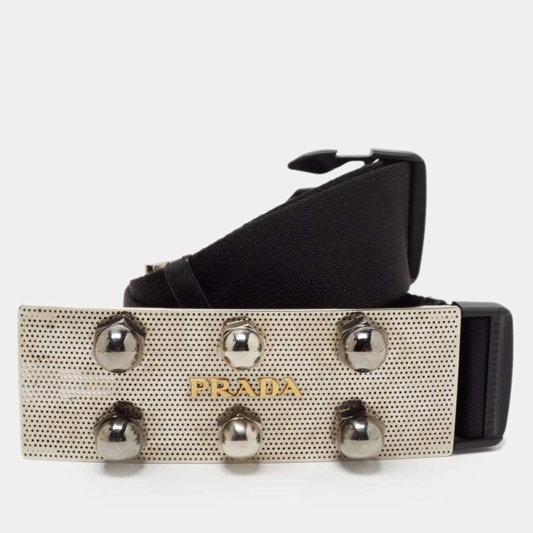 Pre Owned Prada Black Elastic Wide Logo Buckle Waist Belt 95 cm