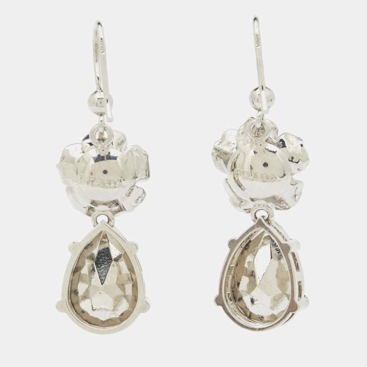 Pre Owned Prada Sterling Silver Rose & Crystal Drop Earrings