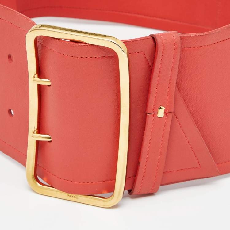 Pre Owned Prada Coral Orange Leather Wide Buckle Belt 85CM