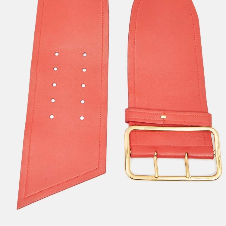 Pre Owned Prada Coral Orange Leather Wide Buckle Belt 85CM