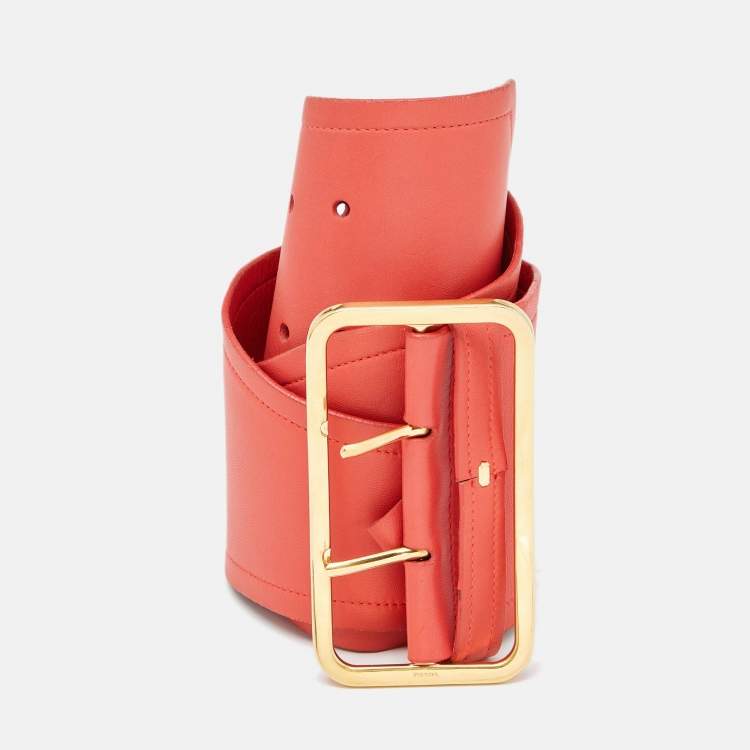 Pre Owned Prada Coral Orange Leather Wide Buckle Belt 85CM