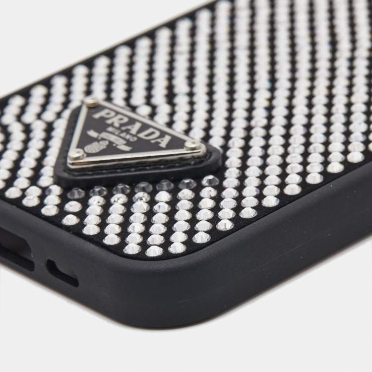 Pre Owned Prada Black/Silver Rubber and Suede Crystals Embellished iPhone 13 Pro Case