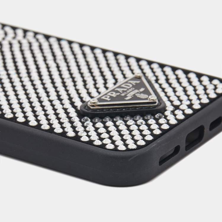 Pre Owned Prada Black/Silver Rubber and Suede Crystals Embellished iPhone 13 Pro Case