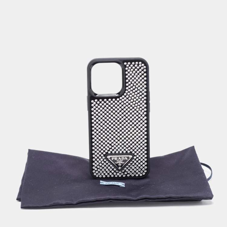 Pre Owned Prada Black/Silver Rubber and Suede Crystals Embellished iPhone 13 Pro Case