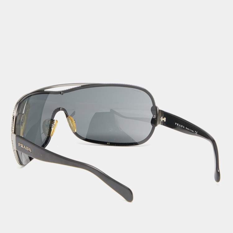 Pre Owned Prada Black Acetate Black Tone Metal SPR62H 5AV-1A1 Shield Sunglasses