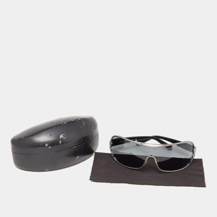 Pre Owned Prada Black Acetate Black Tone Metal SPR62H 5AV-1A1 Shield Sunglasses