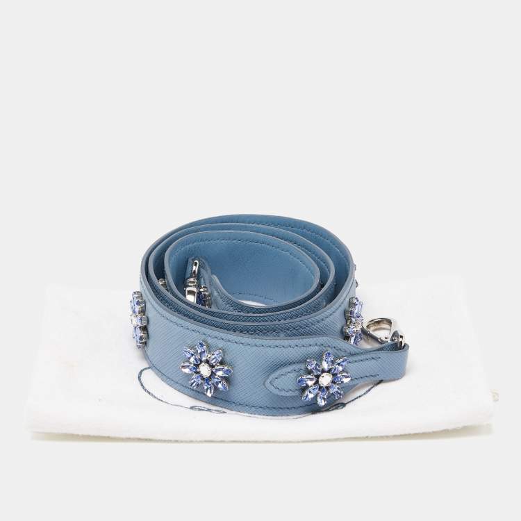 Pre Owned Prada Light Blue Saffiano Leather Crystals Embellished Shoulder Bag Strap