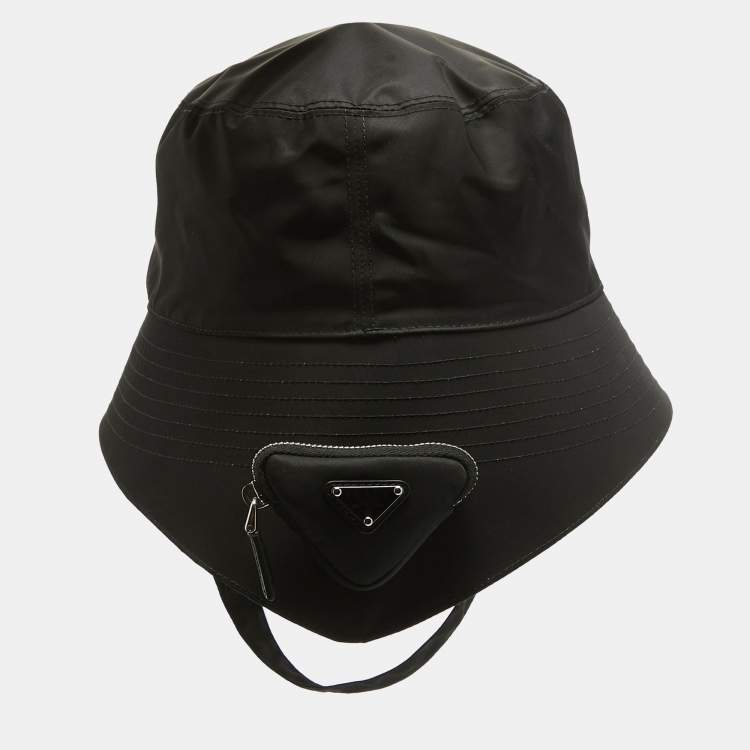 Prada Black Re-Nylon Triangle Logo Detail String Bucket Hat XL Prada