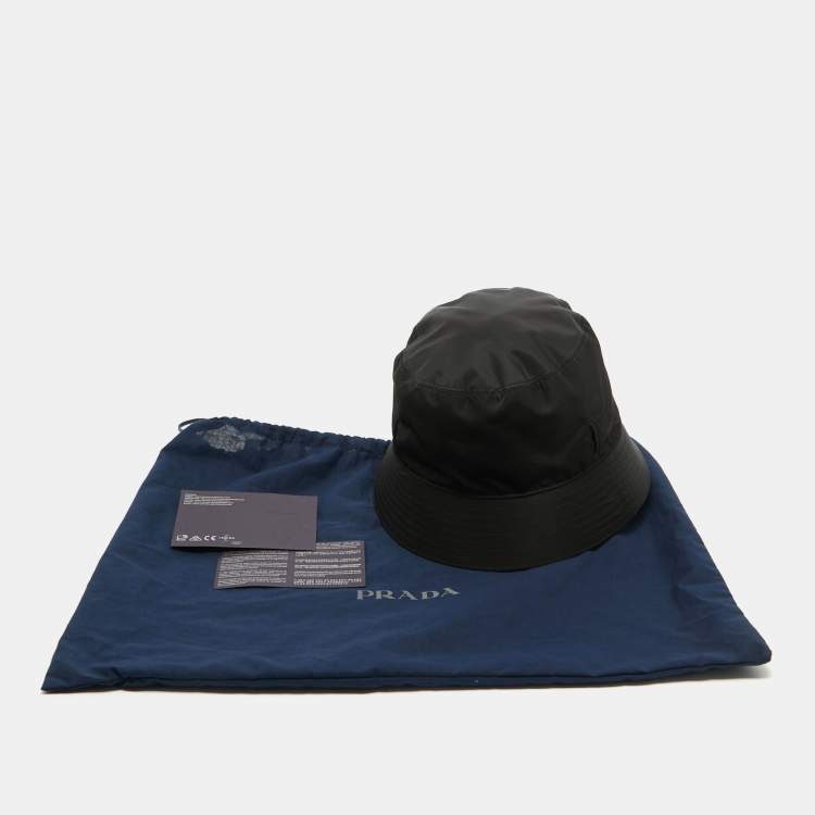 Pre Owned Prada Black Re-Nylon Triangle Logo Detail String Bucket Hat XL