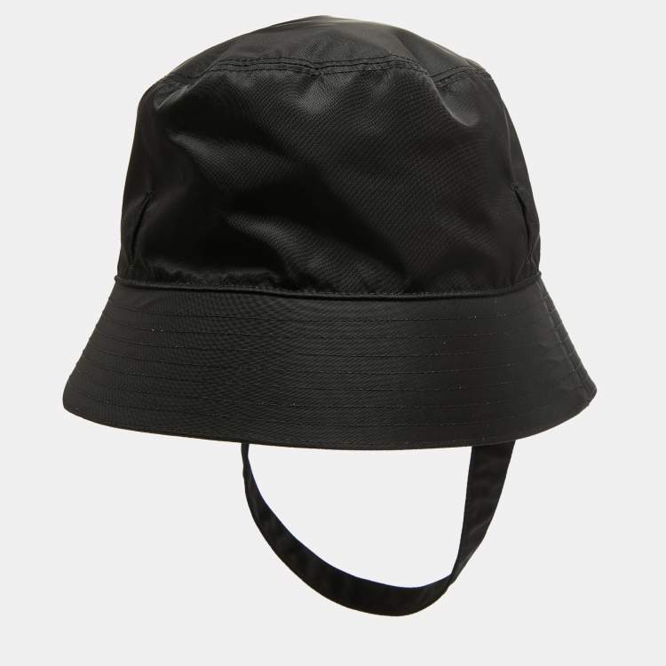 Pre Owned Prada Black Re-Nylon Triangle Logo Detail String Bucket Hat XL