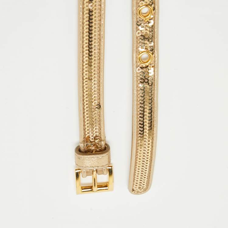 Pre Owned Prada Gold Sequins and Leather Slim Belt 80CM