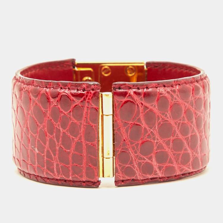 Pre Owned Prada Red Alligator Leather Gold Tone Wide Cuff Bracelet