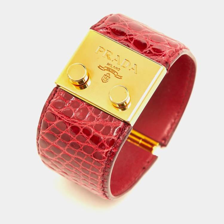 Pre Owned Prada Red Alligator Leather Gold Tone Wide Cuff Bracelet