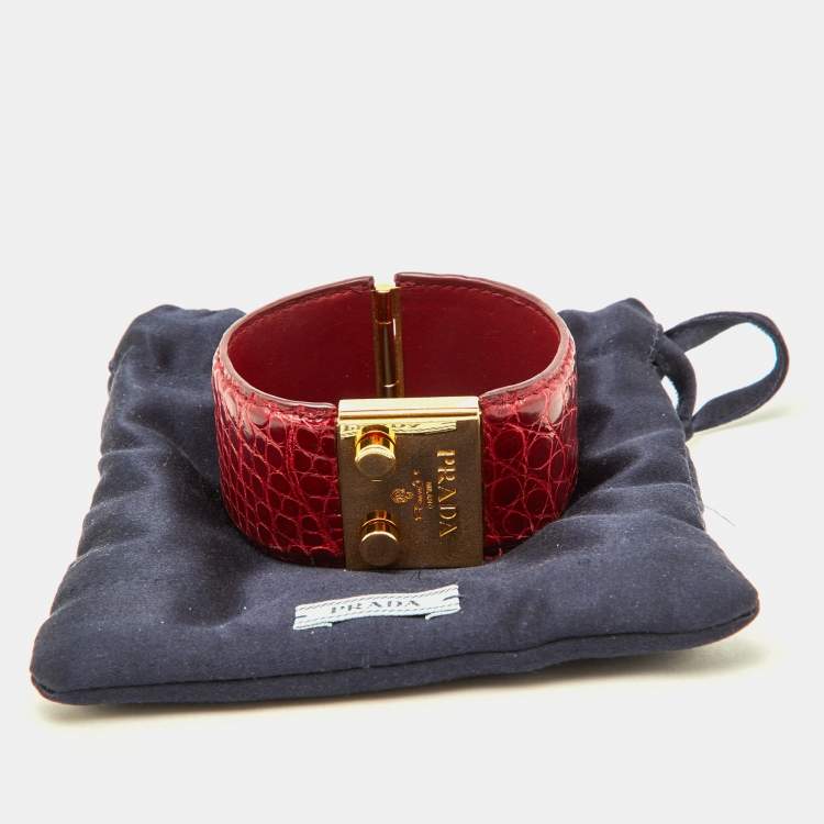 Pre Owned Prada Red Alligator Leather Gold Tone Wide Cuff Bracelet