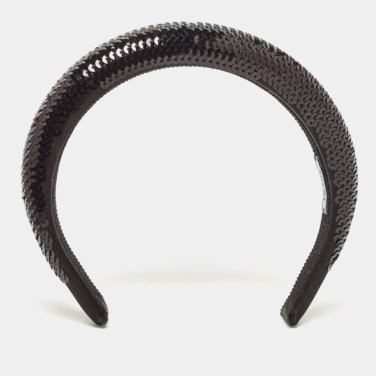 Pre Owned Prada Black Sequined Logo Detail Headband