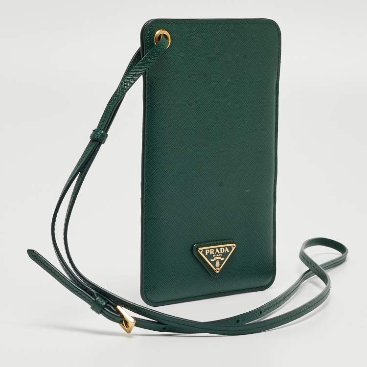 مملوكة مسبقًا Prada Green Saffiano Leather Phone Strap Case