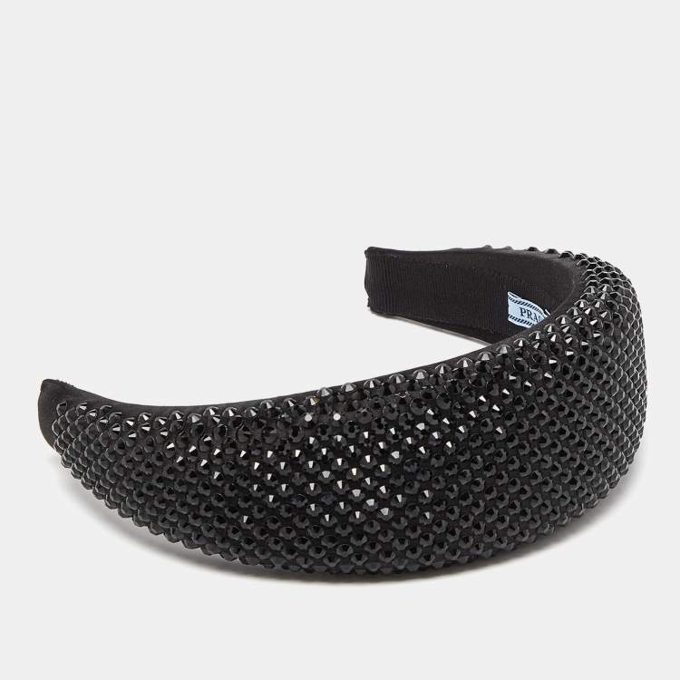 Pre Owned Prada Black Crystal Embellished Satin Wide Headband