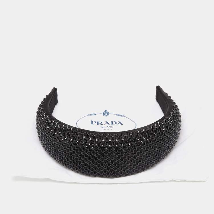 Pre Owned Prada Black Crystal Embellished Satin Wide Headband