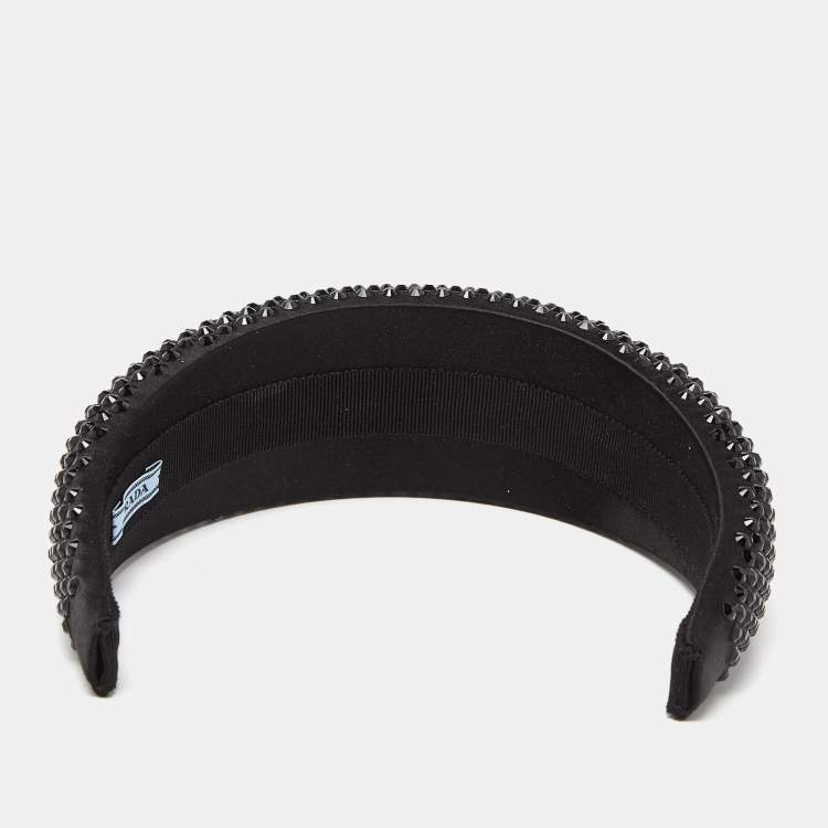 Pre Owned Prada Black Crystal Embellished Satin Wide Headband