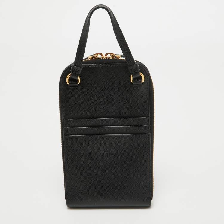 Pre Owned Prada Black Saffiano Lux Leather Phone Crossbody Bag
