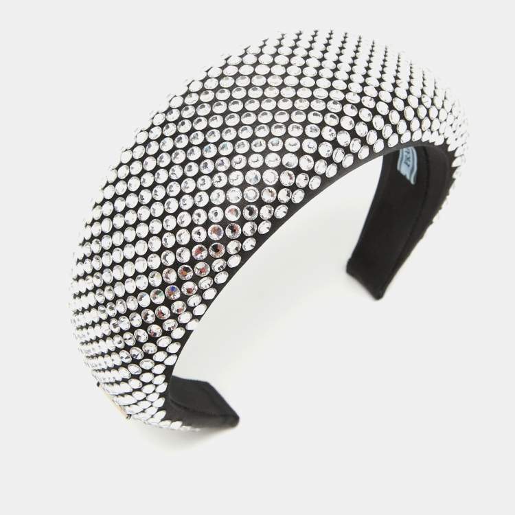 Pre Owned Prada Black Crystals Embellished Satin Oversized Head Band One Size