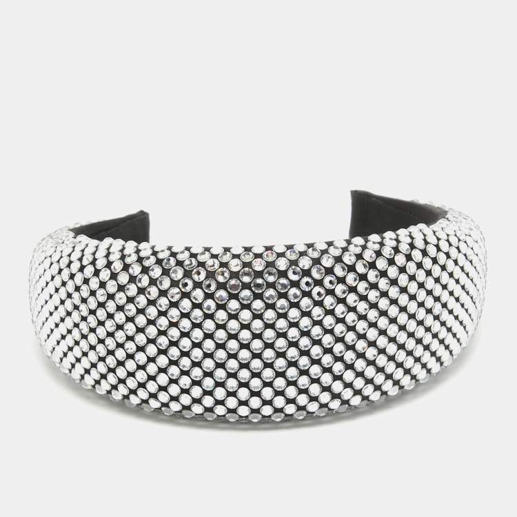 Pre Owned Prada Black Crystals Embellished Satin Oversized Head Band One Size