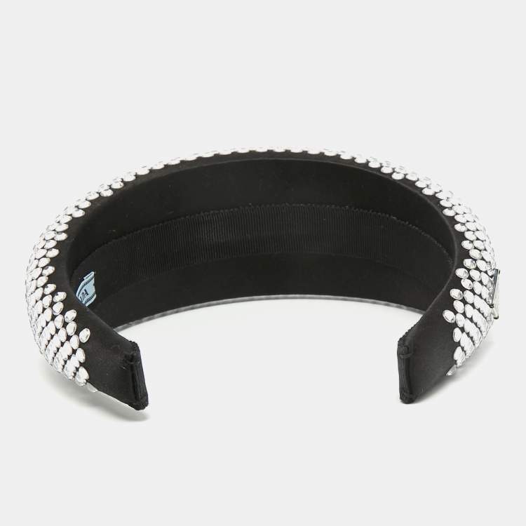 Pre Owned Prada Black Crystals Embellished Satin Oversized Head Band One Size