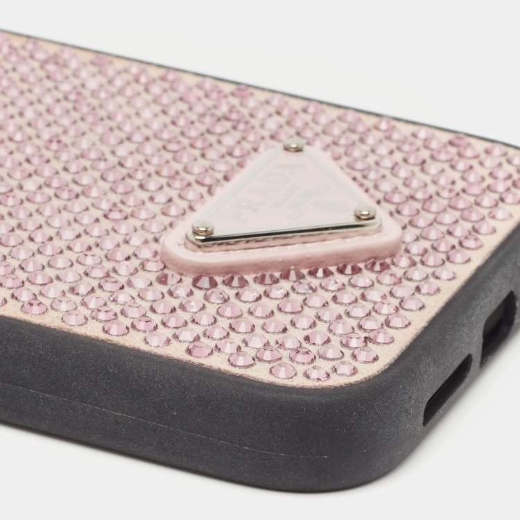 مملوكة مسبقًا Prada Pink/Black Suede Crystals Embellished iPhone 14 Pro Max Cover