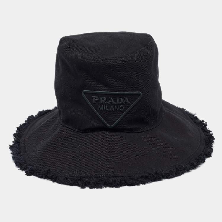 Pre Owned Prada Black Logo Embroidered Canvas Drill Bucket Hat S