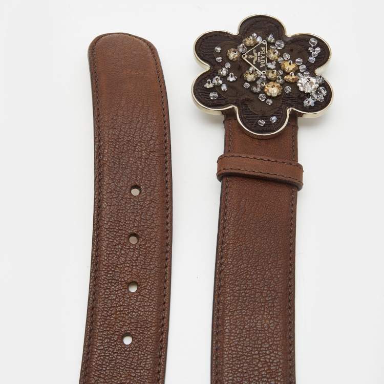 Pre Owned Prada Brown Leather Floral Embellished Metal Belt 85CM